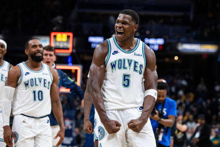 Mar 7, 2024; Indianapolis, Indiana, USA; Minnesota Timberwolves guard Anthony Edwards (5) celebrates the win over Indiana Pacers at Gainbridge Fieldhouse.